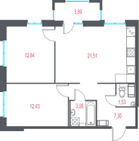 3 ккв (Евро) № 14 Корп.: 1.4 , Секция 1  в ЖК Город-спутник Южный