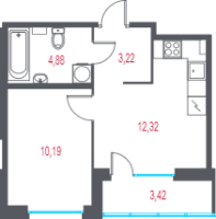 1 ккв № 104 Корп.: 1.2 , Секция 2  в ЖК Город-спутник Южный
