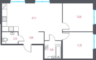 3 ккв (Евро) № 1 Корп.: 2.3 , Секция 1  в ЖК Город-спутник Южный