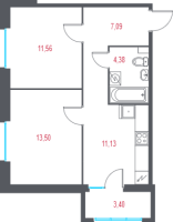 2 ккв № 76 Корп.: 2.2 , Секция 3  в ЖК Город-спутник Южный