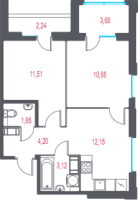2 ккв № 126 Корп.: 1.2 , Секция 2  в ЖК Город-спутник Южный
