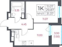 1 ккв № 411 Корп.: 13.1 , Секция 7  в ЖК Город-спутник Южный