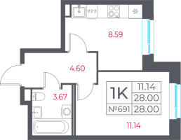 1 ккв № 691 Корп.: 13.1 , Секция 13  в ЖК Город-спутник Южный