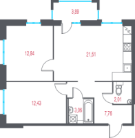 3 ккв (Евро) № 7 Корп.: 1.4 , Секция 1  в ЖК Город-спутник Южный
