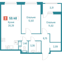 3 ккв (Евро) № 284 Корп.: 3 , Секция 2  в ЖК Графика