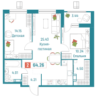 3 ккв (Евро) № 374 Корп.: 2 , Секция 2  в ЖК Графика