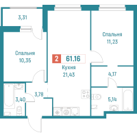 3 ккв (Евро) № 2 Корп.: 3 , Секция 1  в ЖК Графика