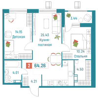 3 ккв (Евро) № 358 Корп.: 2 , Секция 2  в ЖК Графика