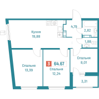 4 ккв (Евро) № 533 Корп.: 3 , Секция 3  в ЖК Графика