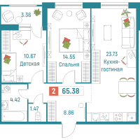 3 ккв (Евро) № 274 Корп.: 2 , Секция 2  в ЖК Графика