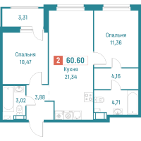 3 ккв (Евро) № 30 Корп.: 3 , Секция 1  в ЖК Графика