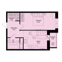 1 ккв № 350 Корп.: 1-5 , Секция 5  в ЖК ID Kudrovo II