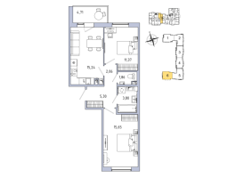 3 ккв (Евро) № 233 Корп.: 6 , Секция 6  в ЖК IQ Гатчина