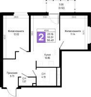 3 ккв (Евро) № 593 Корп.: 5.2 , Секция 5.9  в ЖК Имена