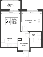 2 ккв (Евро) № 124 Корп.: 4.2 , Секция 4.1  в ЖК Имена