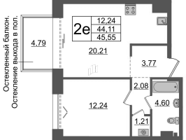 2 ккв (Евро) № ВII.3-563 Корп.: 1 , Секция ВII.3  в ЖК Imperial Club