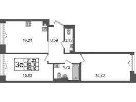 3 ккв (Евро) № ВII.11-697 Корп.: 1 , Секция ВII.11  в ЖК Империал Клаб