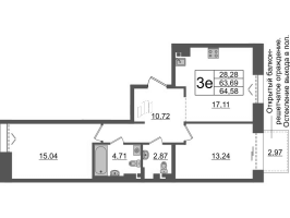 3 ккв (Евро) № ВII.4-586 Корп.: 1 , Секция ВII.4  в ЖК Империал Клаб