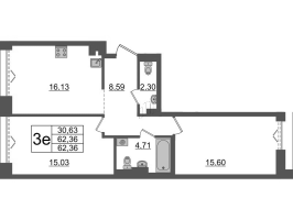 3 ккв (Евро) № ВII.11-700 Корп.: 1 , Секция ВII.11  в ЖК Империал Клаб