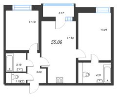3 ккв (Евро) № 170е Корп.: 1 , Секция 6  в ЖК Искра-Сити