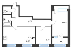3 ккв (Евро) № 257 Корп.: 1 , Секция 7  в ЖК Капральский берег