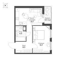 1 ккв № 42 Корп.: 3 Уч. 9 , Секция 1  в ЖК Клюква.Парк