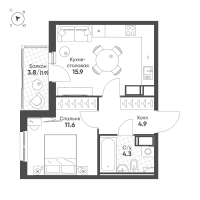 2 ккв (Евро) № 168 Корп.: 3 Уч. 9 , Секция 3  в ЖК Клюква.Парк