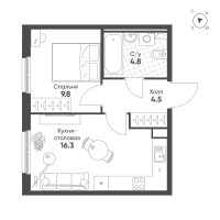 2 ккв (Евро) № 48 Корп.: 3 Уч. 9 , Секция 2  в ЖК Клюква.Парк