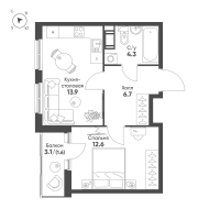 1 ккв № 110 Корп.: 3 Уч. 9 , Секция 2  в ЖК Клюква.Парк