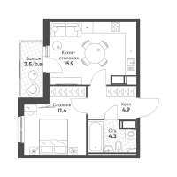 2 ккв (Евро) № 136 Корп.: 1 , Секция 3  в ЖК Клюква.Парк