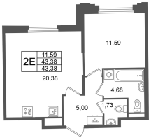 2 ккв (Евро) № 3 Корп.: 2 , Секция 1  в ЖК Кристалл Холл