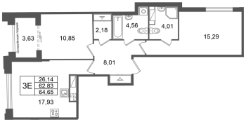 3 ккв (Евро) № 136 Корп.: 2 , Секция 5  в ЖК Кристалл Холл