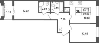 3 ккв (Евро) № 64 Корп.: 2 , Секция 3  в ЖК Кристалл Холл