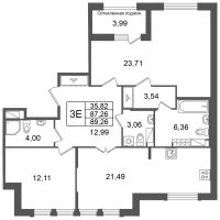 3 ккв (Евро) № 148 Корп.: 2 , Секция 5  в ЖК Кристалл Холл