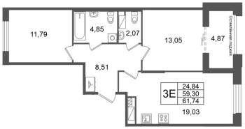 3 ккв (Евро) № 35 Корп.: 2 , Секция 2  в ЖК Кристалл Холл