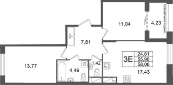 3 ккв (Евро) № 55 Корп.: 2 , Секция 3  в ЖК Кристалл Холл