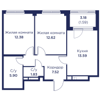 2 ккв № 44 Корп.: 3 , Секция 3  в ЖК Кронфорт. Центральный