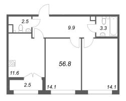 2 ккв № 309 Корп.: 1 , Секция 8  в ЖК Кронунг ЮГ
