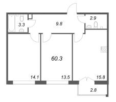 3 ккв (Евро) № 421 Корп.: 1 , Секция 11  в ЖК Кронунг ЮГ