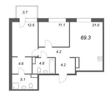 3 ккв (Евро) № 443 Корп.: 2 , Секция 6  в ЖК Куинджи