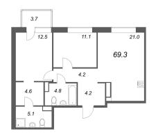 3 ккв (Евро) № 373 Корп.: 2 , Секция 6  в ЖК Куинджи