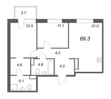 3 ккв (Евро) № 393 Корп.: 2 , Секция 6  в ЖК Куинджи