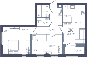 3 ккв (Евро) № 16 Корп.: 1 , Секция 1  в ЖК Лендлер