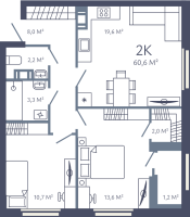 3 ккв (Евро) № 155 Корп.: 1 , Секция 2  в ЖК Лендлер
