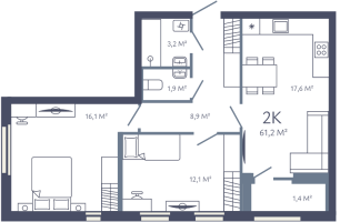 3 ккв (Евро) № 1 Корп.: 1 , Секция 1  в ЖК Лендлер