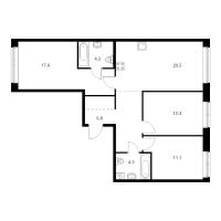 4 ккв (Евро) № 12.1.1 Корп.: 2.2 , Секция 12  в ЖК Лермонтовский 54