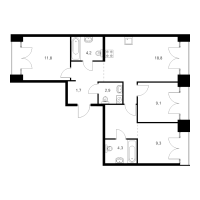 4 ккв (Евро) № 11.8.4 Корп.: 2.2 , Секция 11  в ЖК Лермонтовский 54