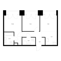 3 ккв (Евро) № 6.9.9 Корп.: 1 , Секция 6  в ЖК Лермонтовский 54