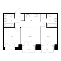 3 ккв (Евро) № 13.2.3 Корп.: 2.2 , Секция 13  в ЖК Лермонтовский 54