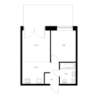 2 ккв (Евро) № 2.1.2 Корп.: 2.1 , Секция 2  в ЖК Лермонтовский 54